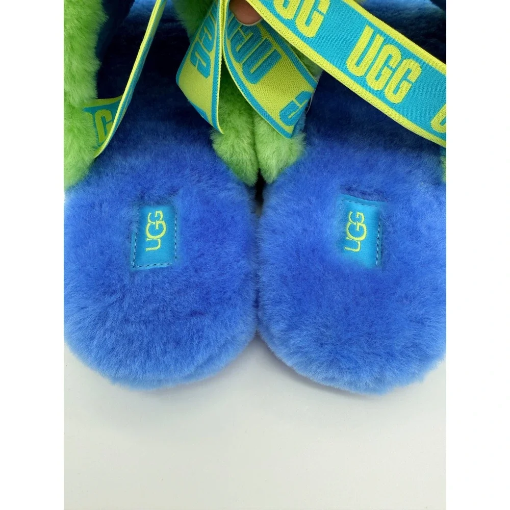 UGG Fluff Yeah Kids Rainbow Stripe Blue Faux Fur Slingback Summer Slides  Size 6